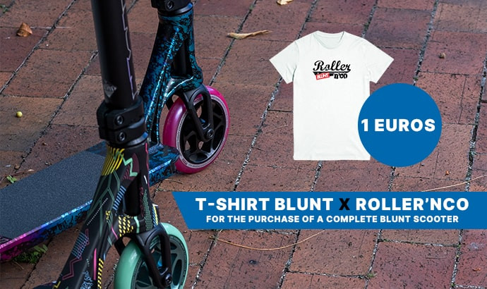 For the purchase of a complete freestyle scooter Blunt Scooter Edition 2021 : Prodigy S9, Prodigy S9 Street, KOS S7 and Colt S5 you get the Blunt x Roller' N Co t-shirt for only 1 euro